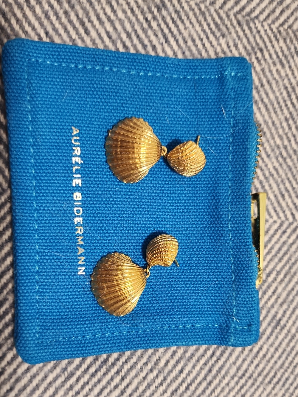 Aurélie Bidermann Gold Shell Drop Earrings on Blue Pouch